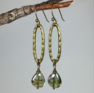 HAND CRAFTED EARRINGS Boho Green Artisan Glass Brass Oval Dangle Drop